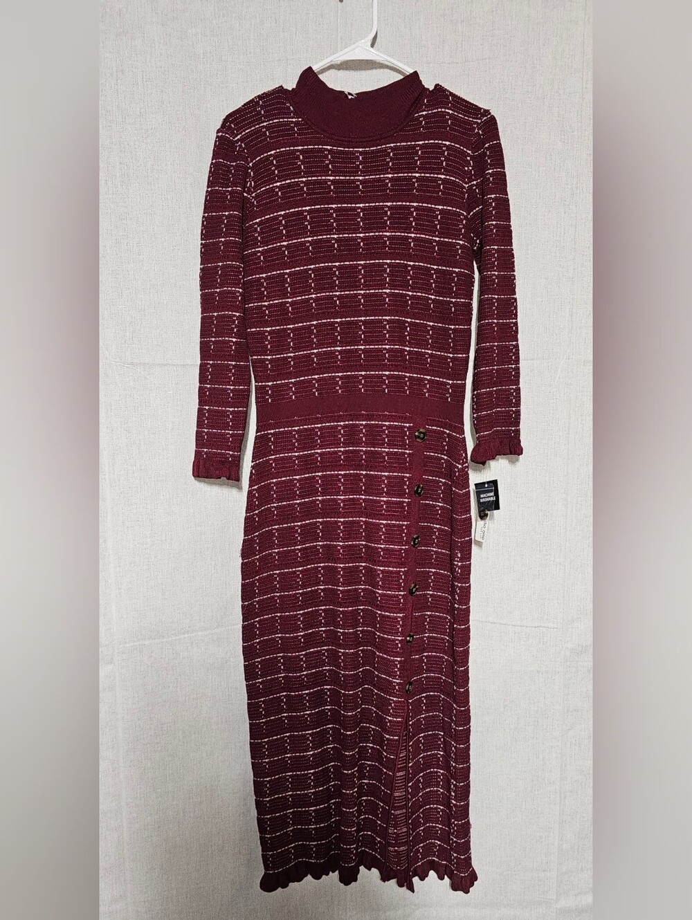 Women's Burgundy Knit Midi Dress with Side Buttons